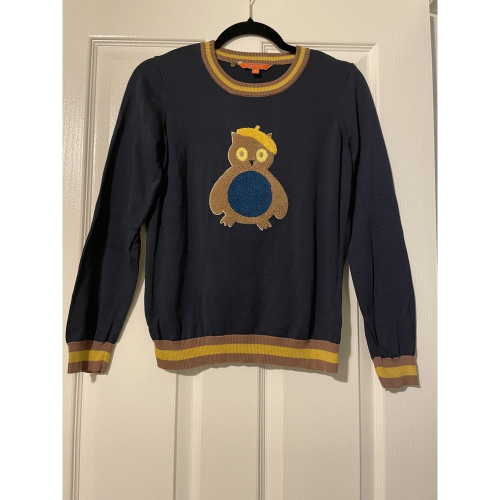 ModCloth Sweater Womens Large Blue Owl Graphic Crew Neck Pullover Knit Applique